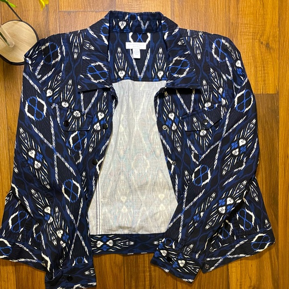 **Lightly Used Blue Geometric Pattern Denim Jacket** Petite M - Picture 3 of 4
